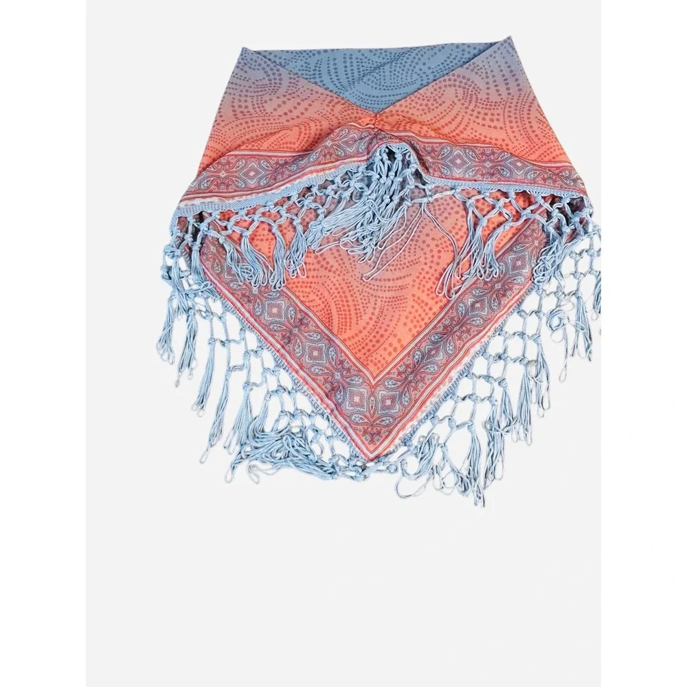 Unbranded Blue Peach‎ Ombre Paisley Fringe Triangle Scarf One Size